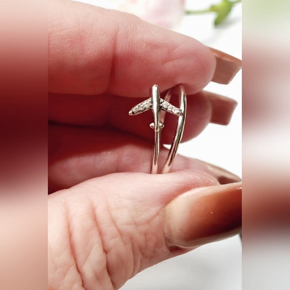 Sterling Silver Cubic Zirconia Airplane Ring Womens Jewelry